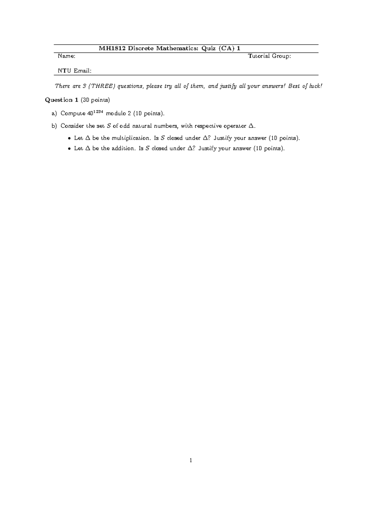 MH1812 Discrete Mathematics Quiz (CA) 1 - Questions & Solutions - Studocu