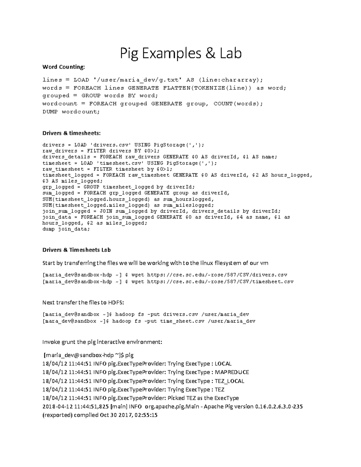 Pig Lab: Data Processing with Drivers and Timesheets - Studocu