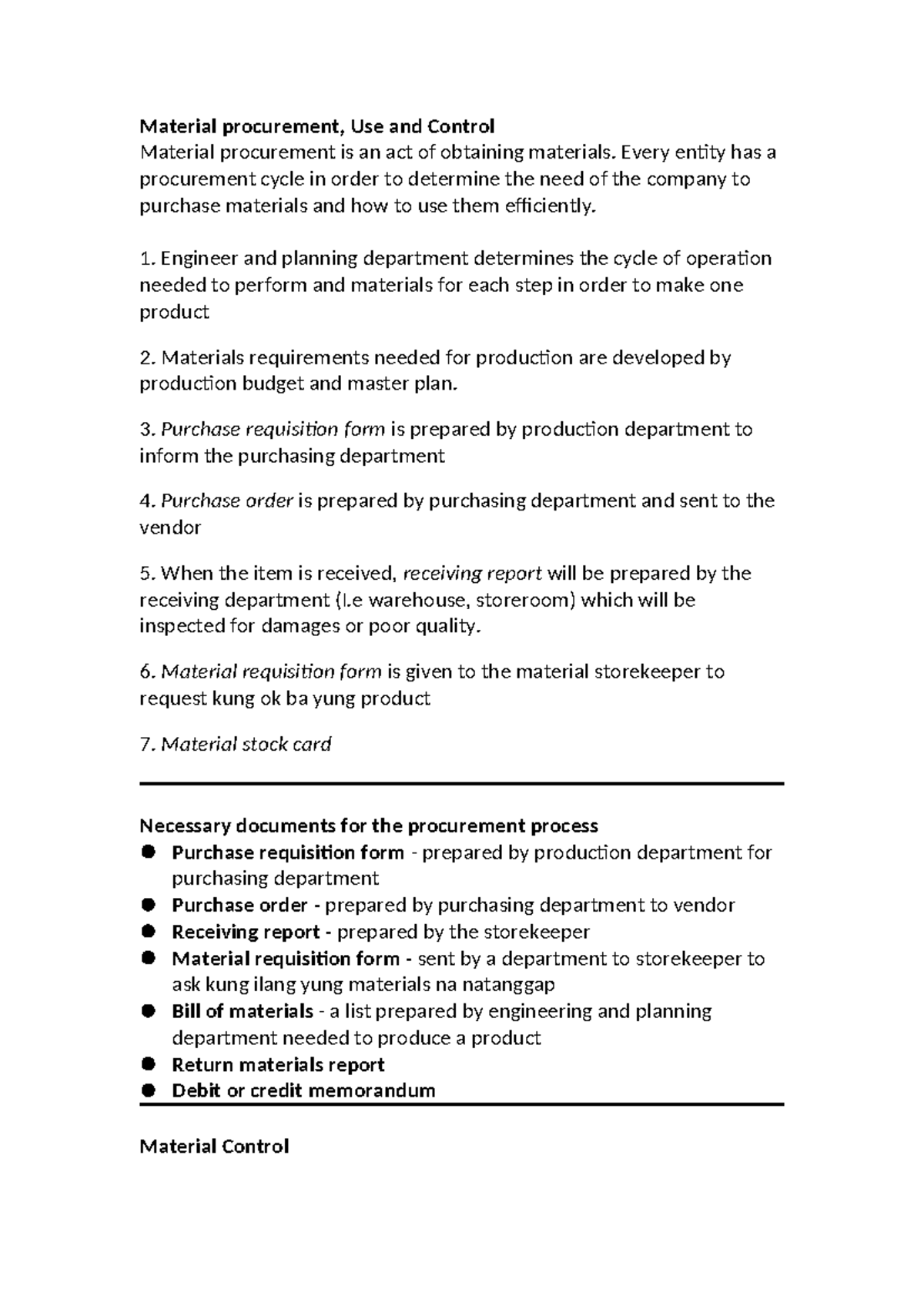 Material procurement (De Jesus) - Material procurement, Use and Control ...