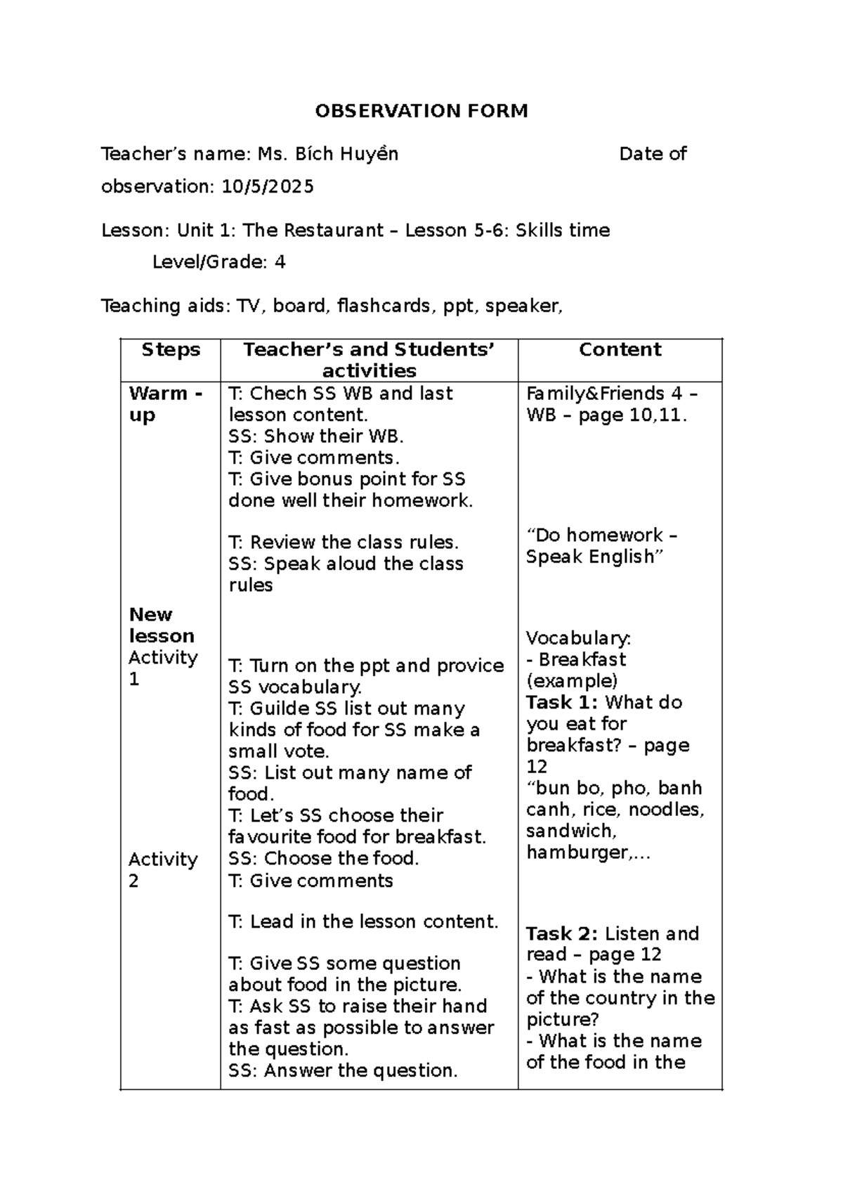 Observation Form: Ms. Bích Huyền - Unit 1: The Restaurant Lesson - Studocu
