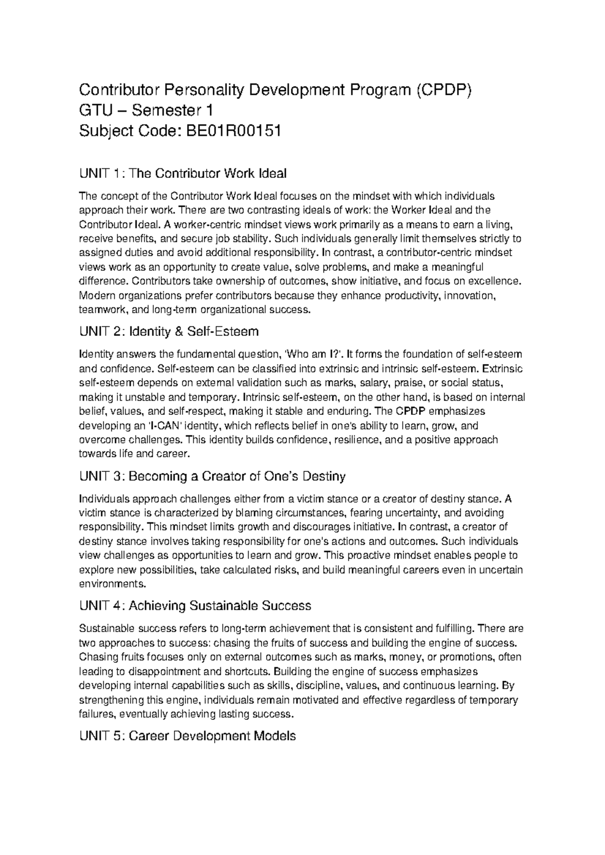 CPDP GTU Sem 1: Contributor Work Ideal & Career Development Models ...