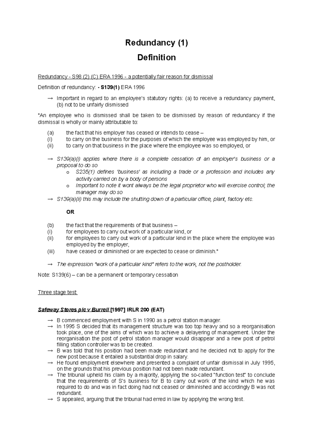 Redundancy Definition and ERA 1996 - Studocu