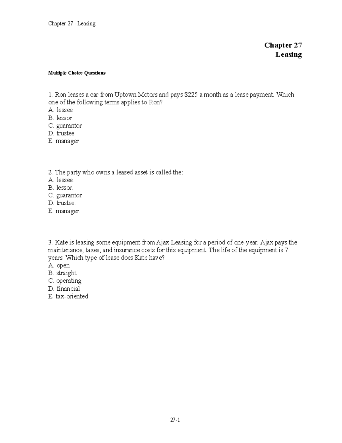 Finance101 Practice Set on Leasing - Chapter 27 MCQs - Studocu