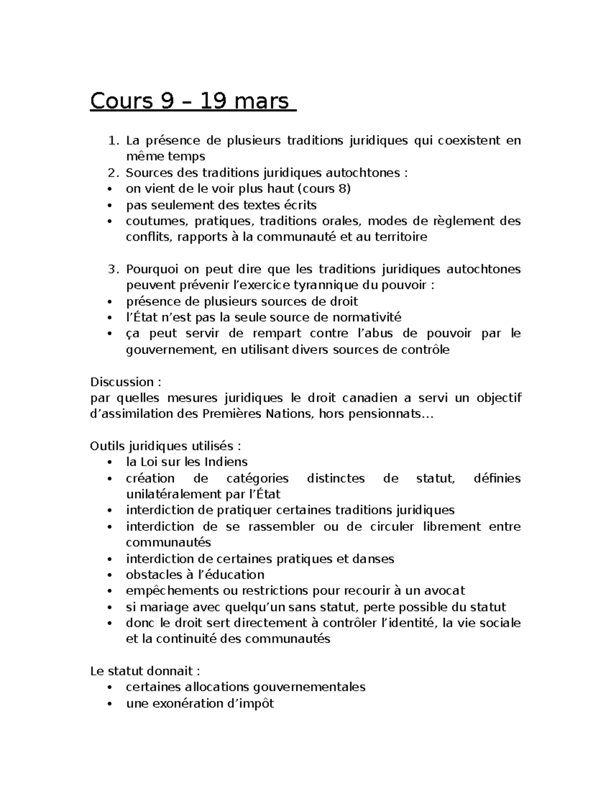 Cours 9 - Droit autochtone : Traditions, Contrôle et Émancipation - Studocu