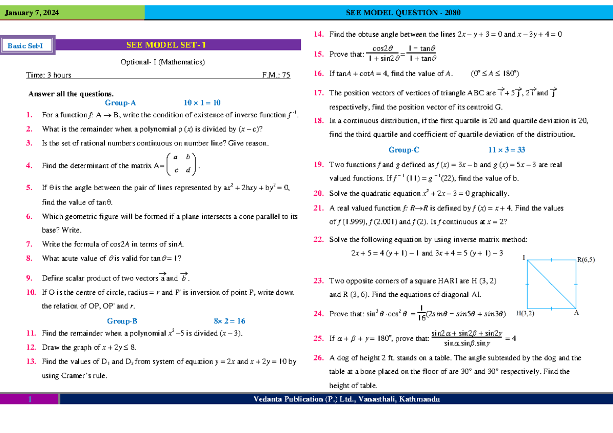 question paper of opt maths - January 7, 2024 SEE MODEL QUESTION - 2080 ...