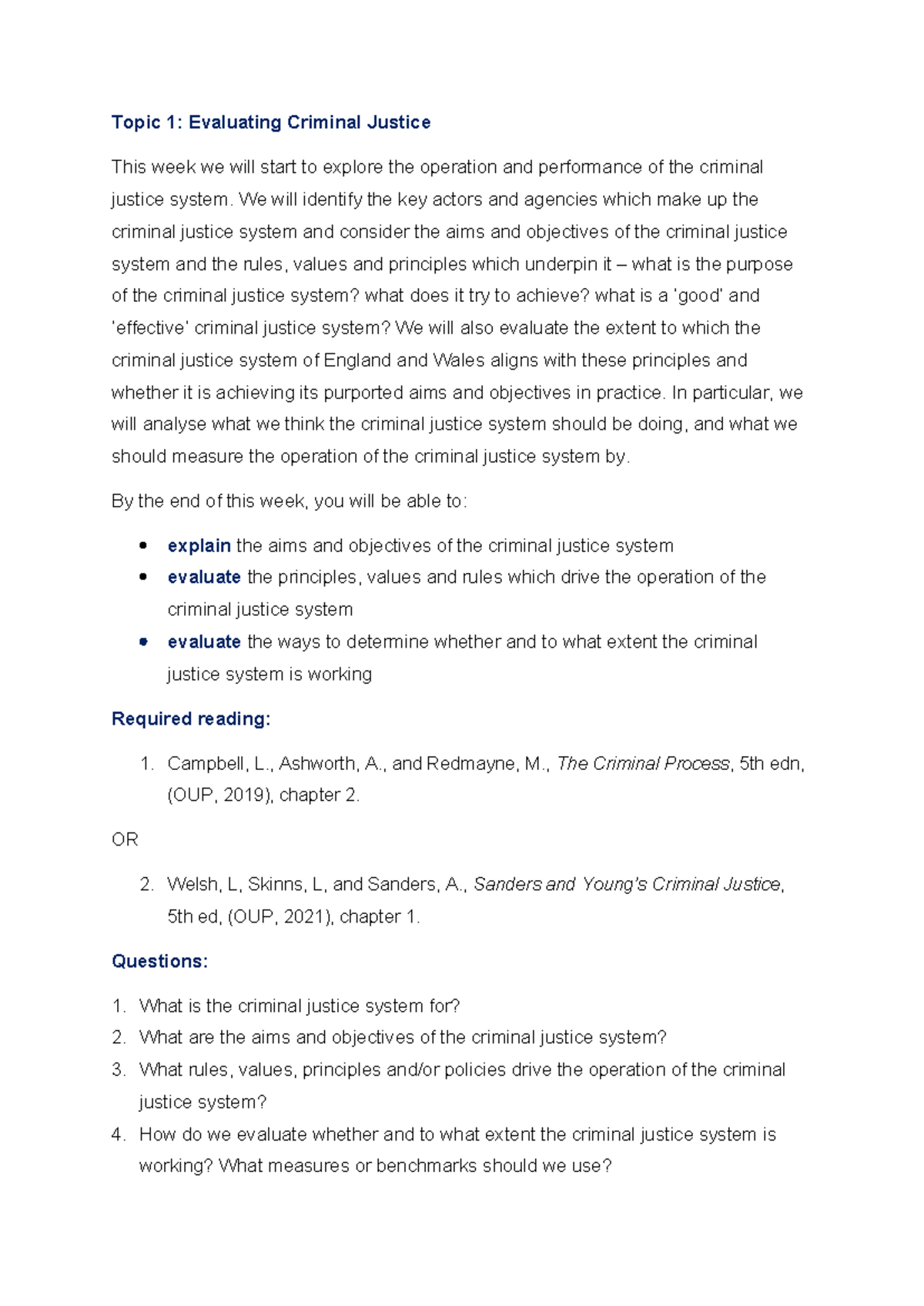 CJ 101 - Topic 1: Evaluating the Criminal Justice System Reading List ...