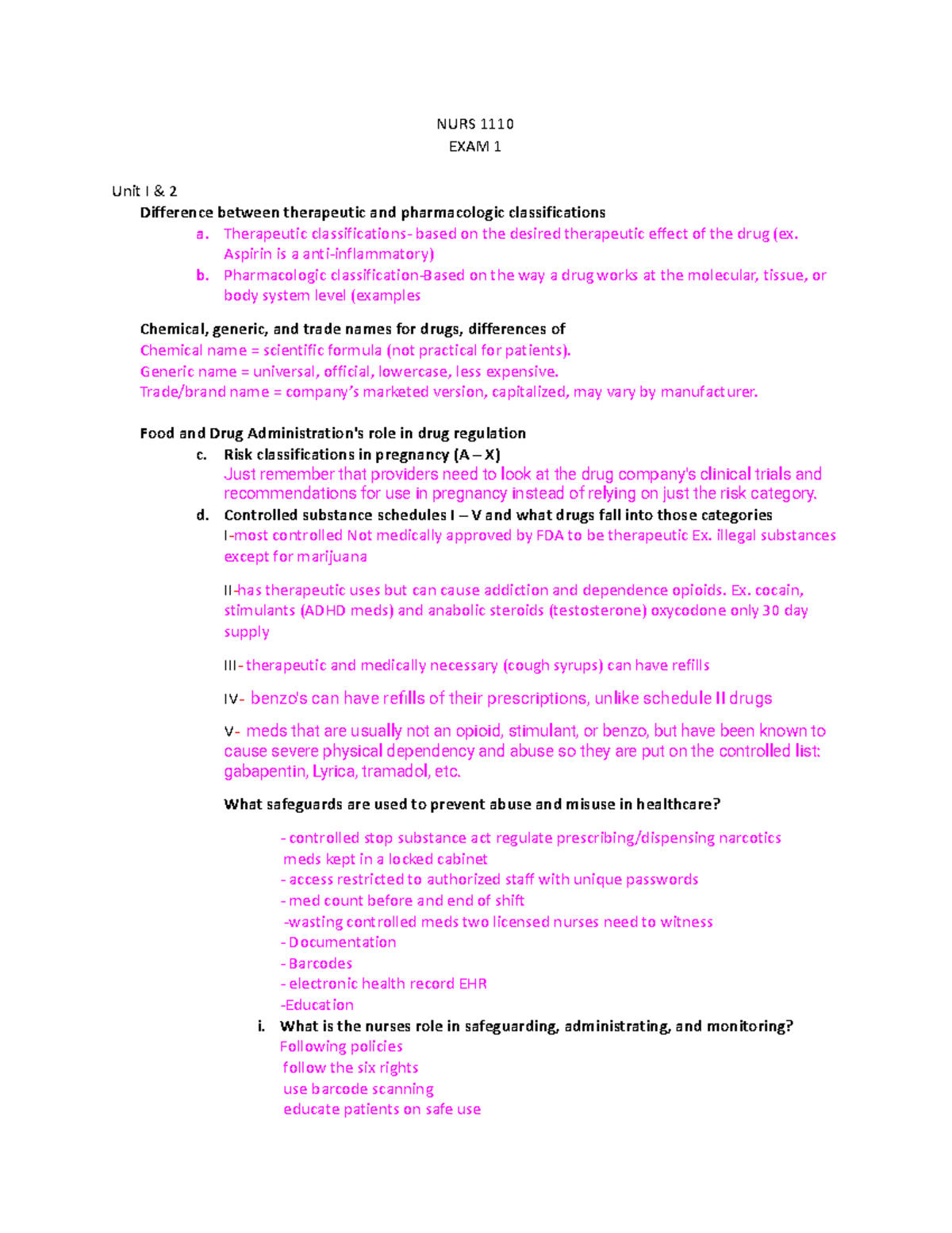 NURS 1110 Exam 1 Study Guide: Med Admin & Safety Overview - Studocu