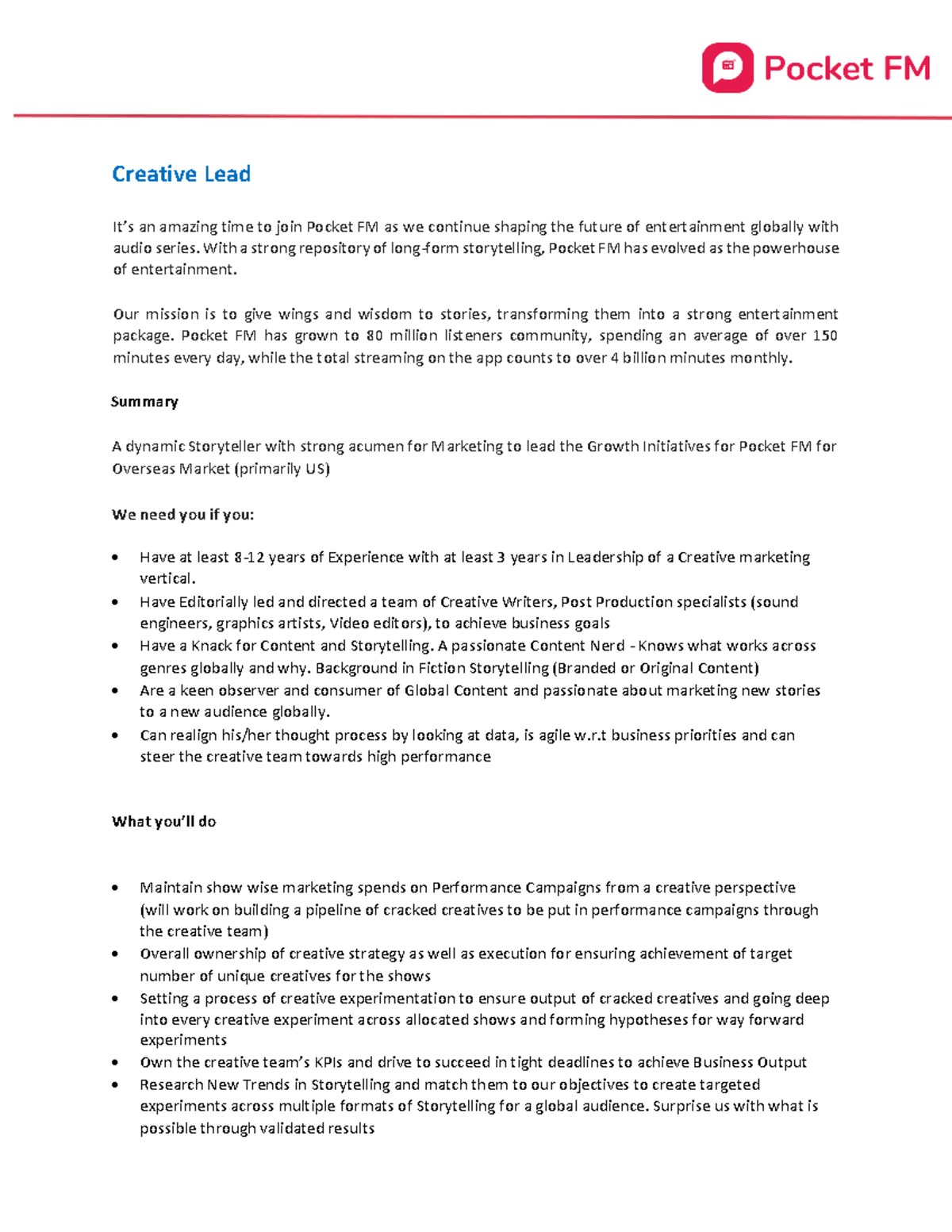 JD Creative Lead Updated (1) - Creative Lead It’s an amazing time to ...