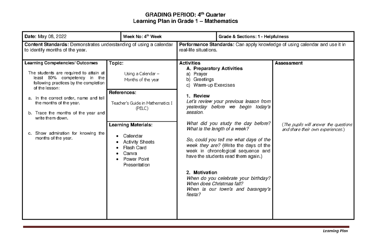 Grade 1 Math Learning Plan: Understanding the Months of the Year - Studocu