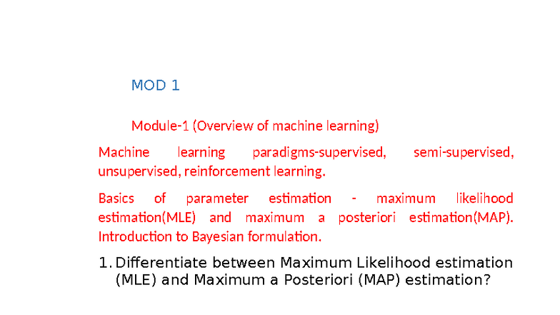 MOD 1 - Machine Learning Overview & Sample Questions - Studocu