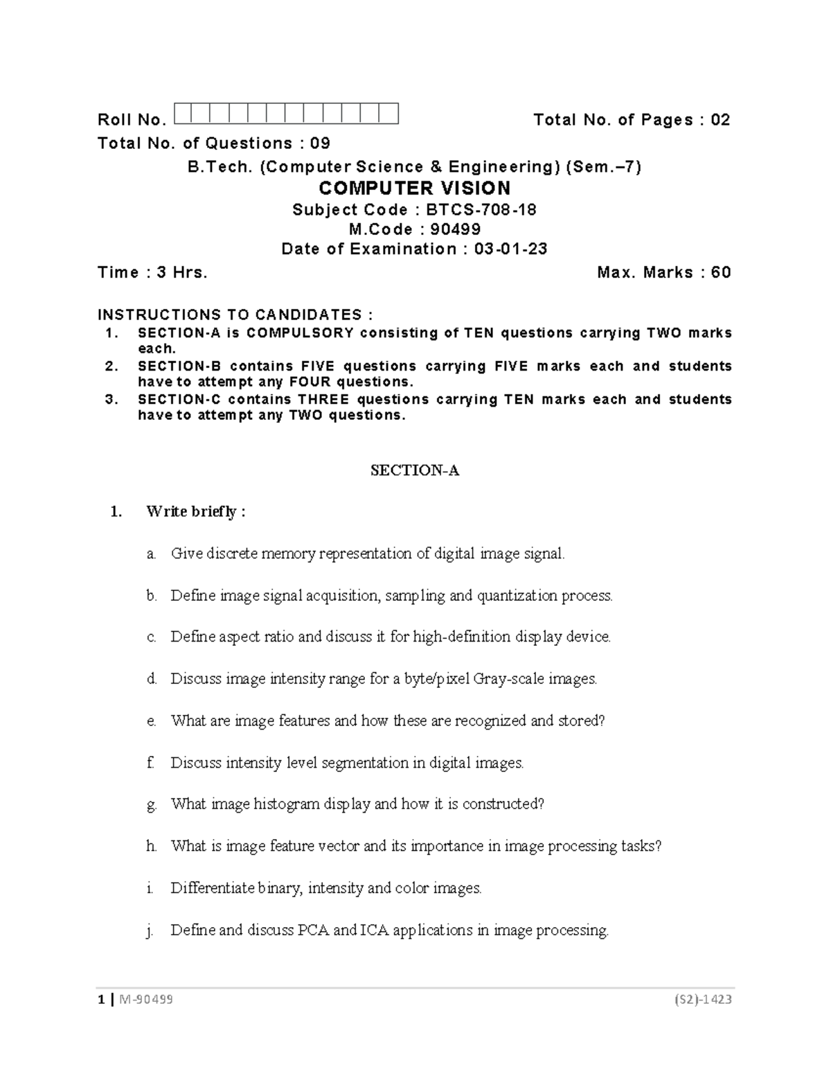Btech cse 7 sem computer vision 90499 jan 2023 - 1 | M-90499 (S2)- Roll ...