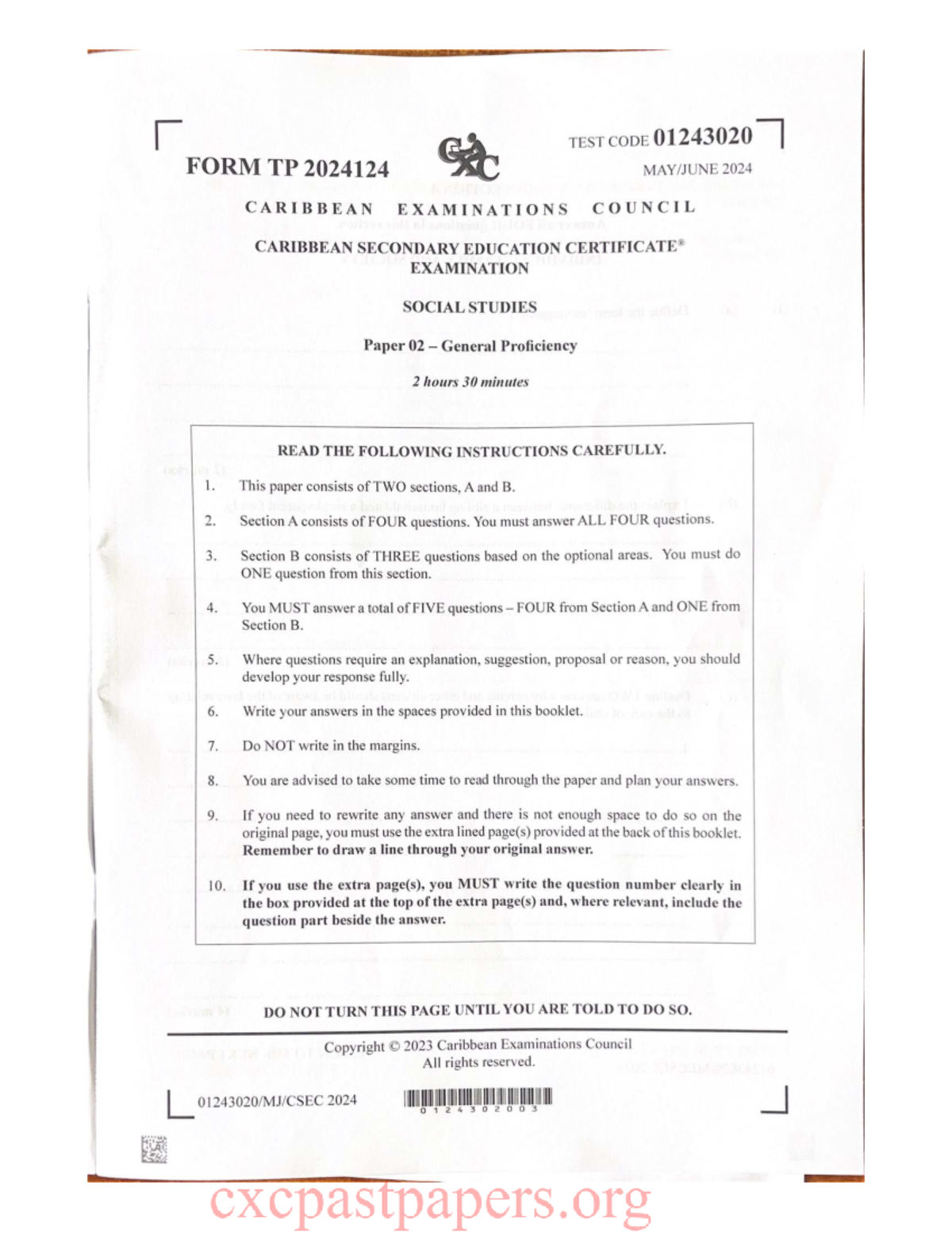 CSEC Social Studies Paper 02 Exam 01243020 - May 2024 Guide - Studocu