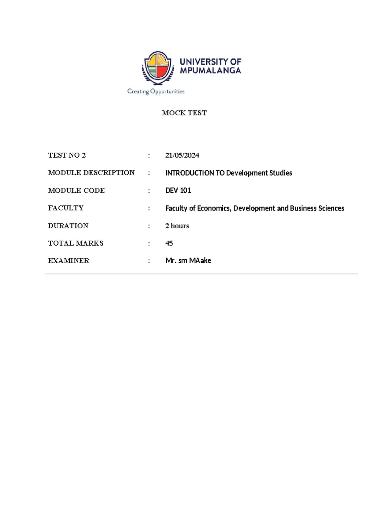 Mock Test 2024 - DEV 101 Introduction to Development Studies - Studocu