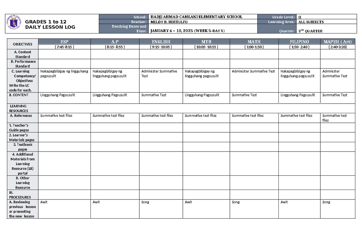 DLL ALL Subjects 2 Q3 W5 D5 - GRADES 1 to 12 DAILY LESSON LOG School ...