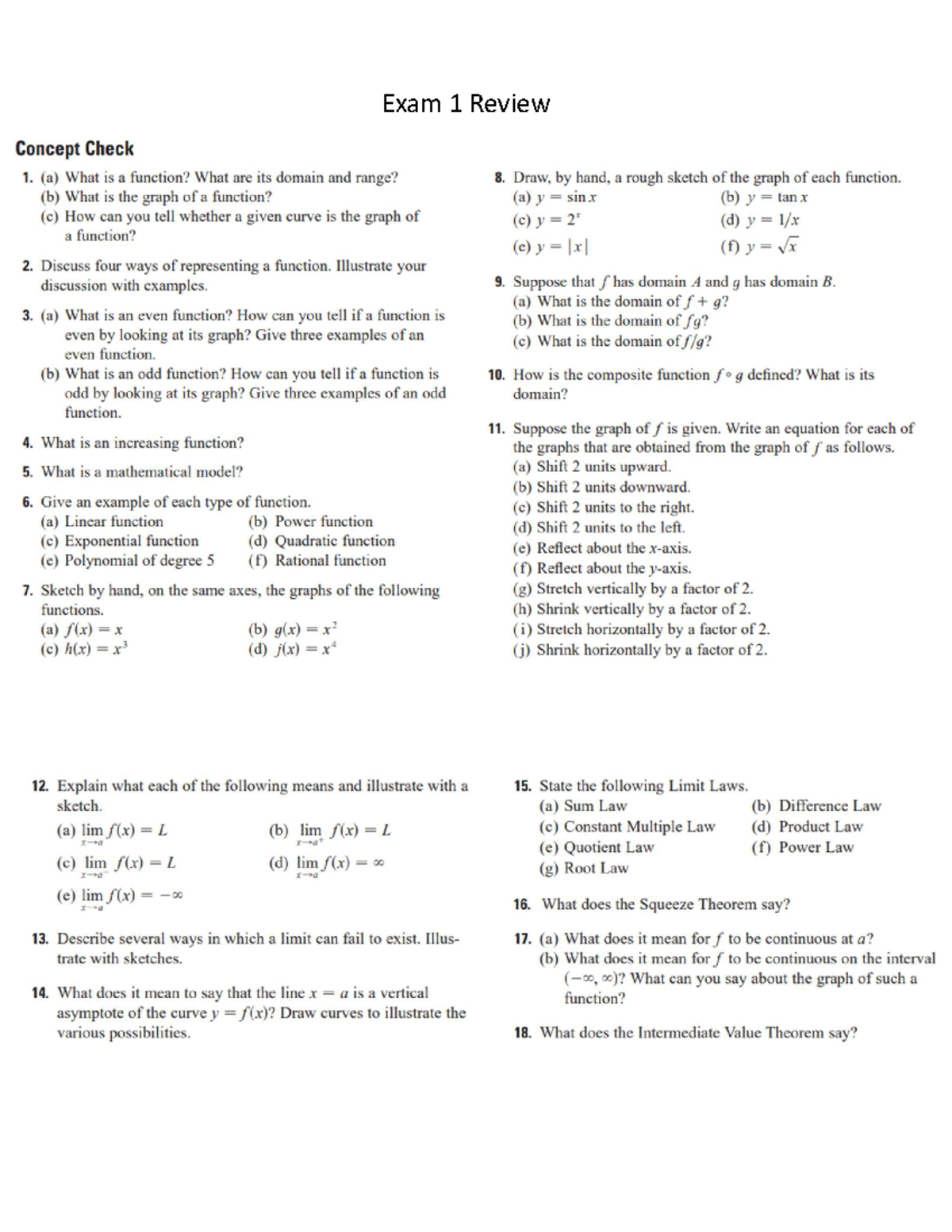 C1 Exam 1 Review: Functions, Graphs, and Limits Practice Guide - Studocu