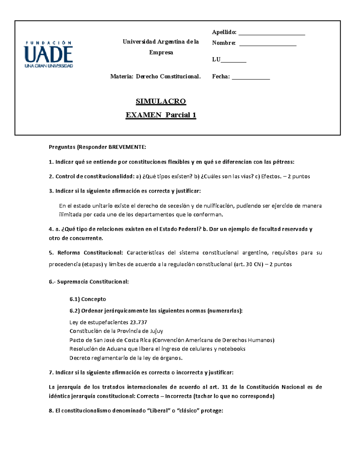 Simulacro Examen Parcial 1 - Derecho Constitucional - Studocu