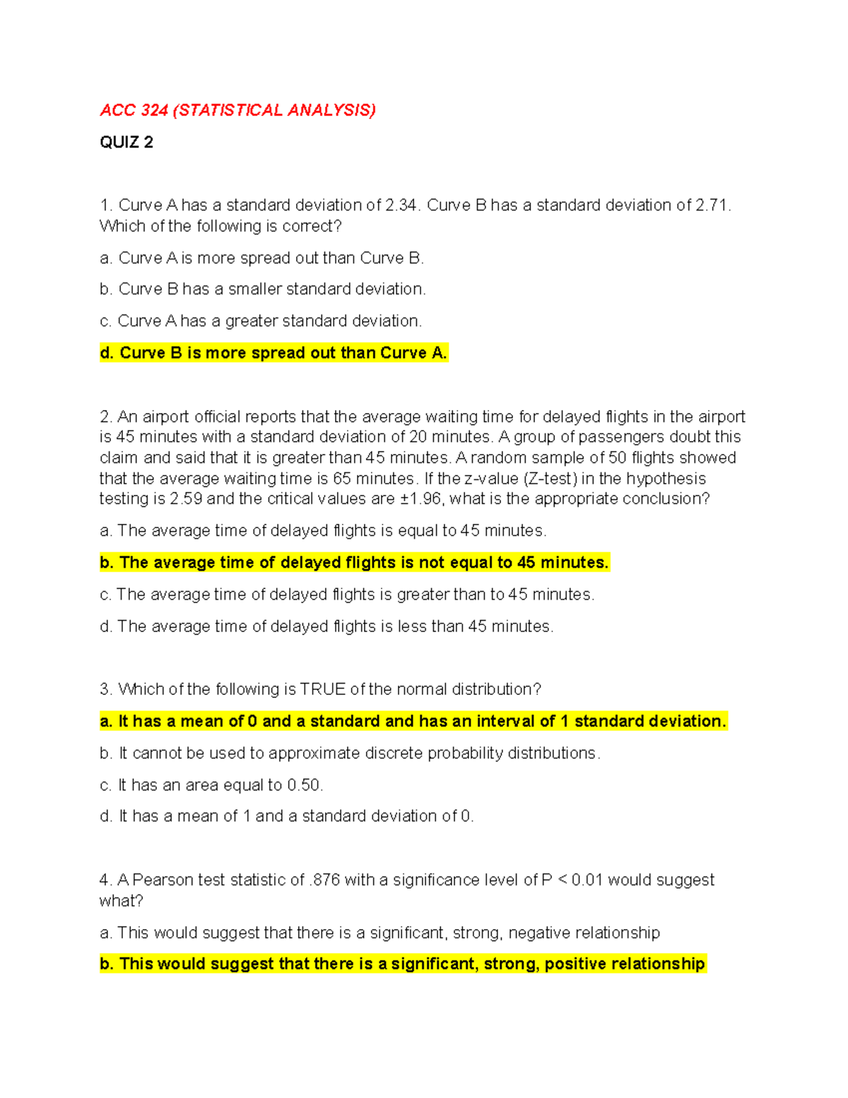 ACC 324 ( Statistical Analysis) - Quiz 2 - ACC 324 (STATISTICAL ...