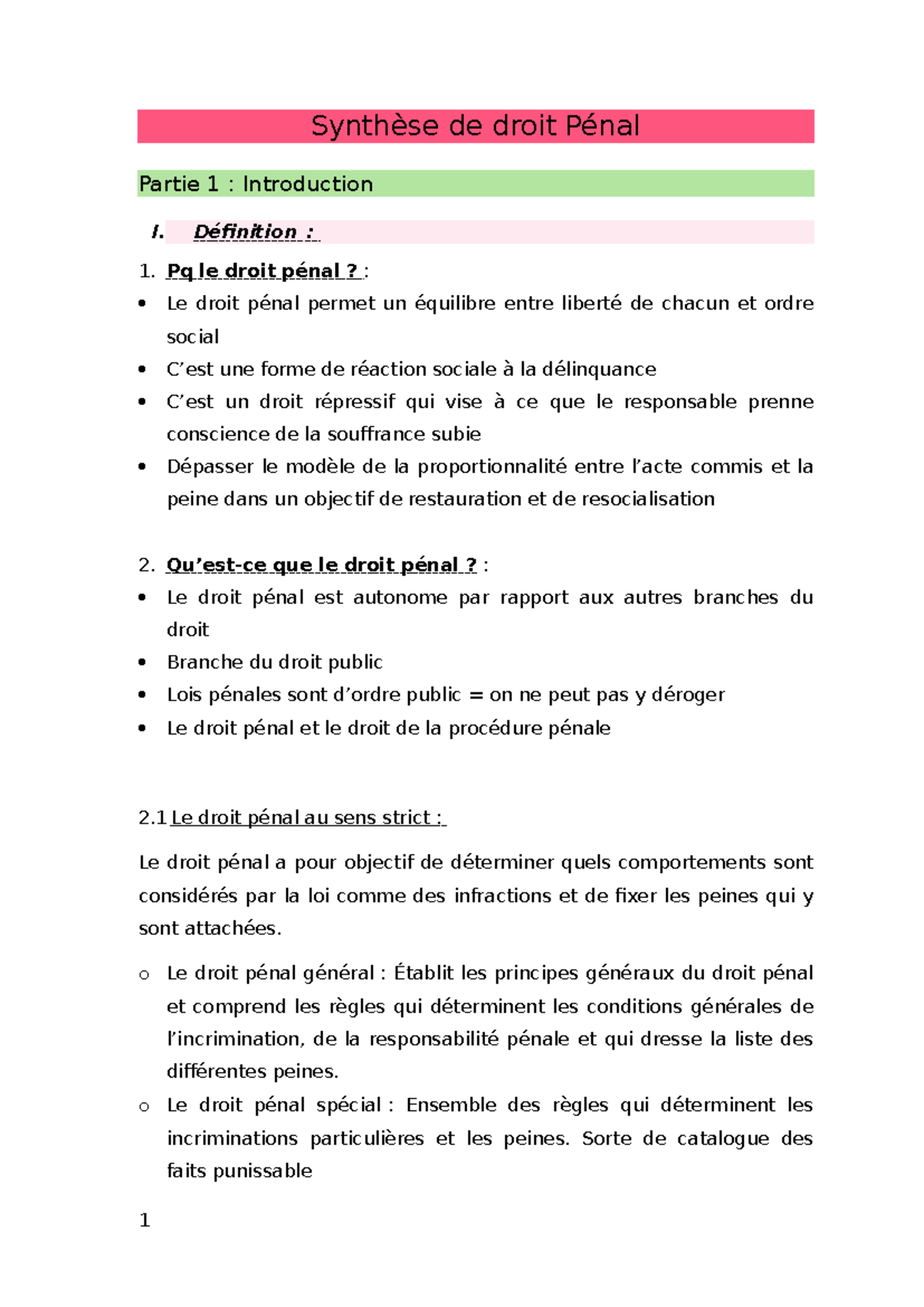Synthèse de Droit Pénal - Partie 1 : Introduction et Concepts Clés ...