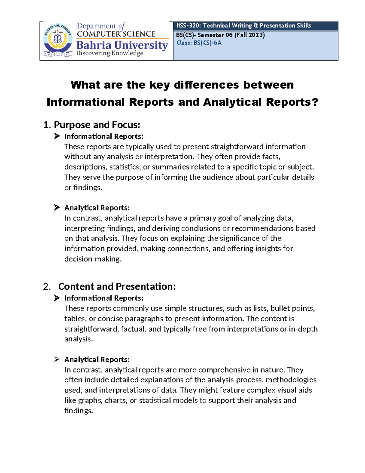 HSS-320 Assign 4: Key Differences Between Info & Analytical Reports ...