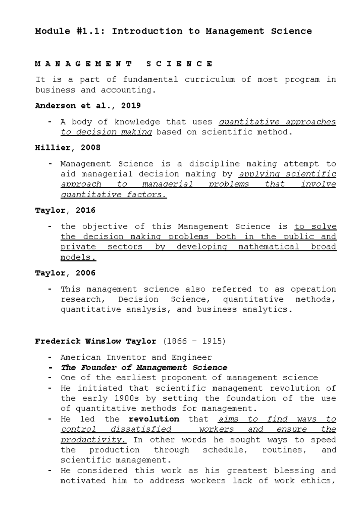 Module #1.1 - Overview of Management Science and Its Principles - Studocu