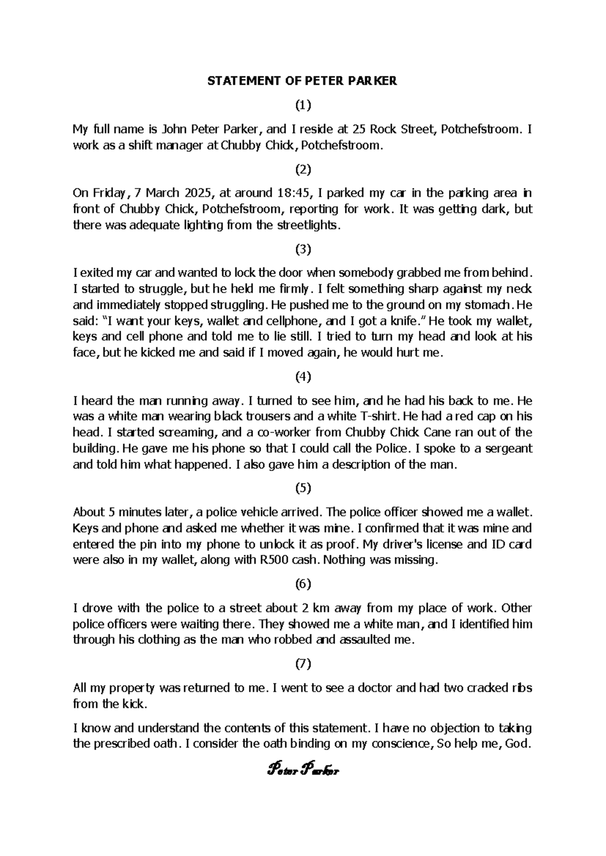 Statement of Peter Parker regarding robbery incident Studocu