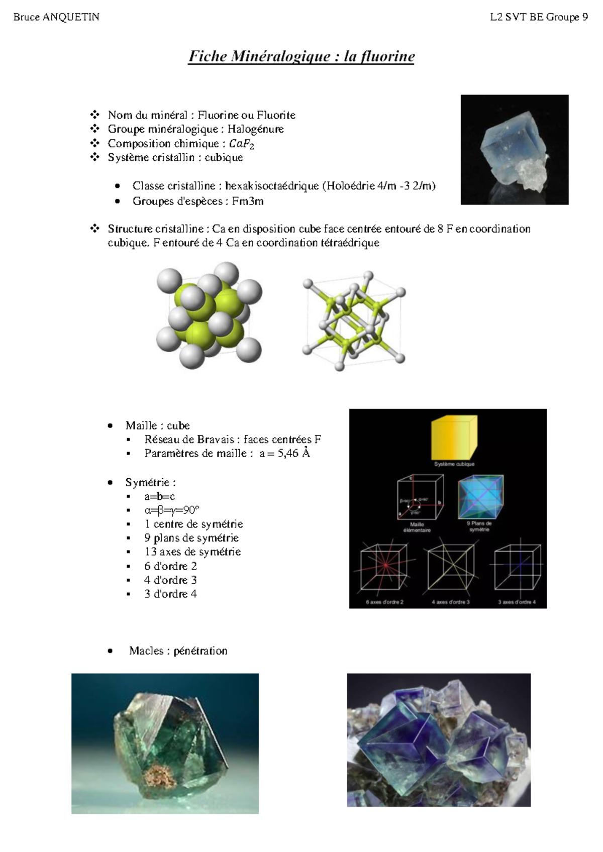 Fiche minéralogique - Nom du minéral : Fluorine ou Fluorite Groupe ...