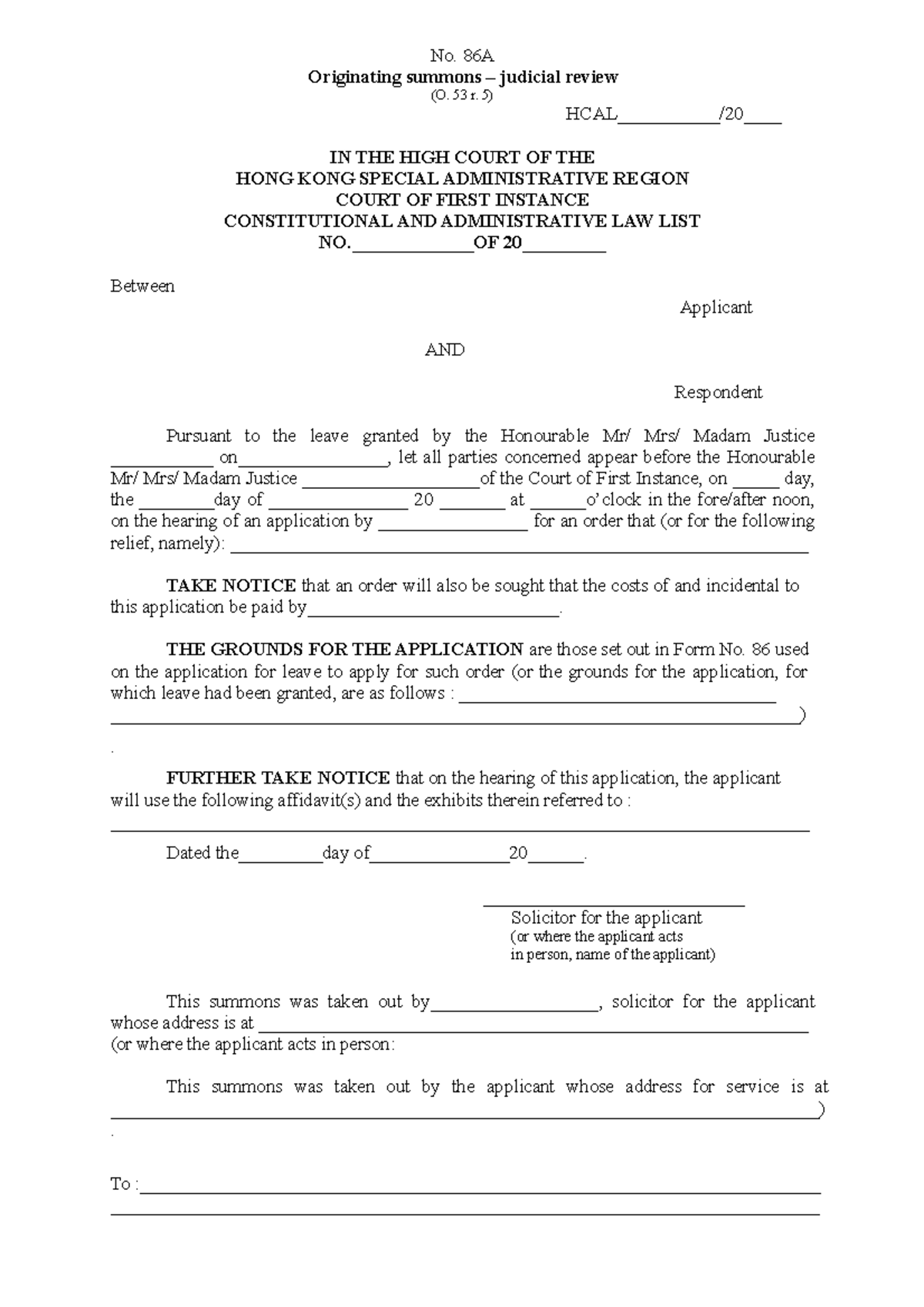 Originating Summons for Judicial Review [Form 86A, Cap 4A] - Studocu