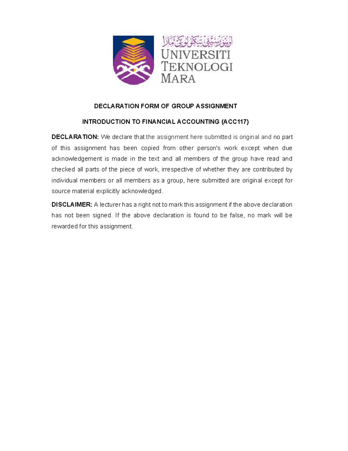 ACC117 Group Assignment Declaration & Financial Report 2025 - Studocu