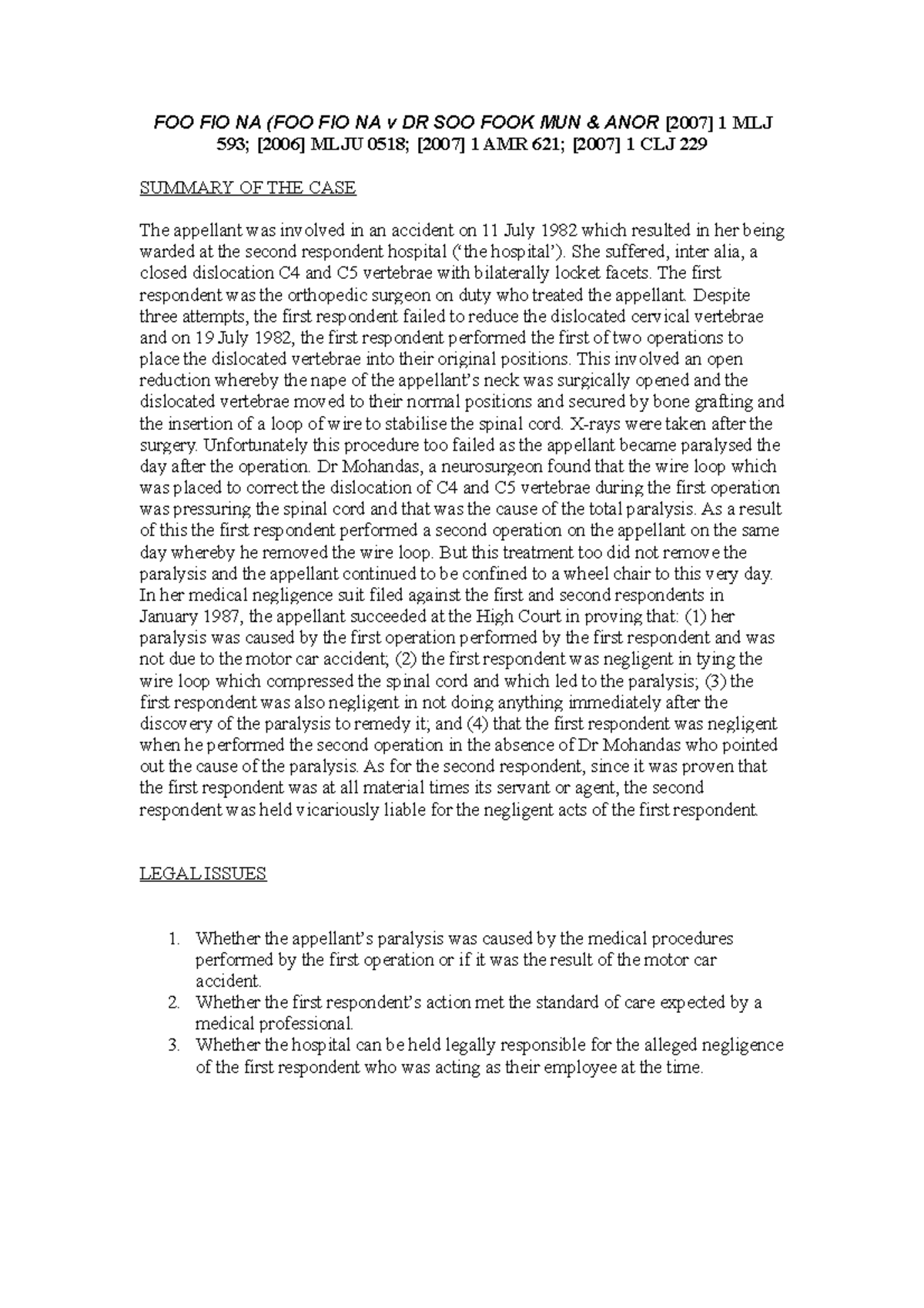 FOO FIO NA Case Summary: Medical Negligence & Liability Issues - Studocu