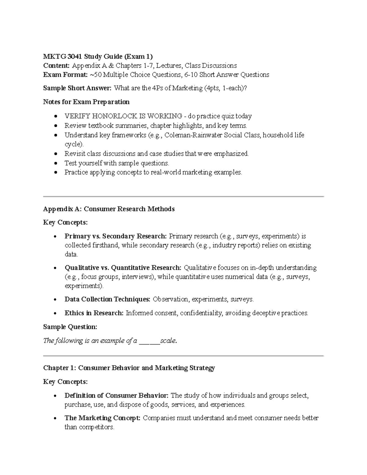 MKTG 3041 Study Guide: Exam 1 Prep (Chapters 1-7) - Studocu
