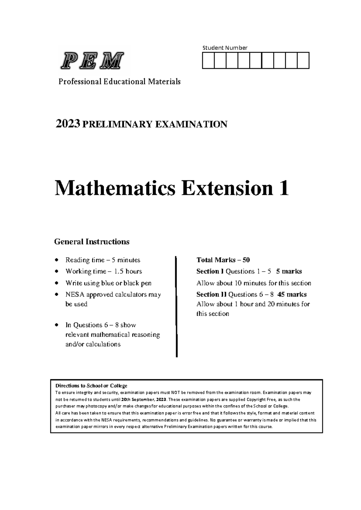 2023 PEM - Mathematics Extension 1 Preliminary Exam Guide - Studocu