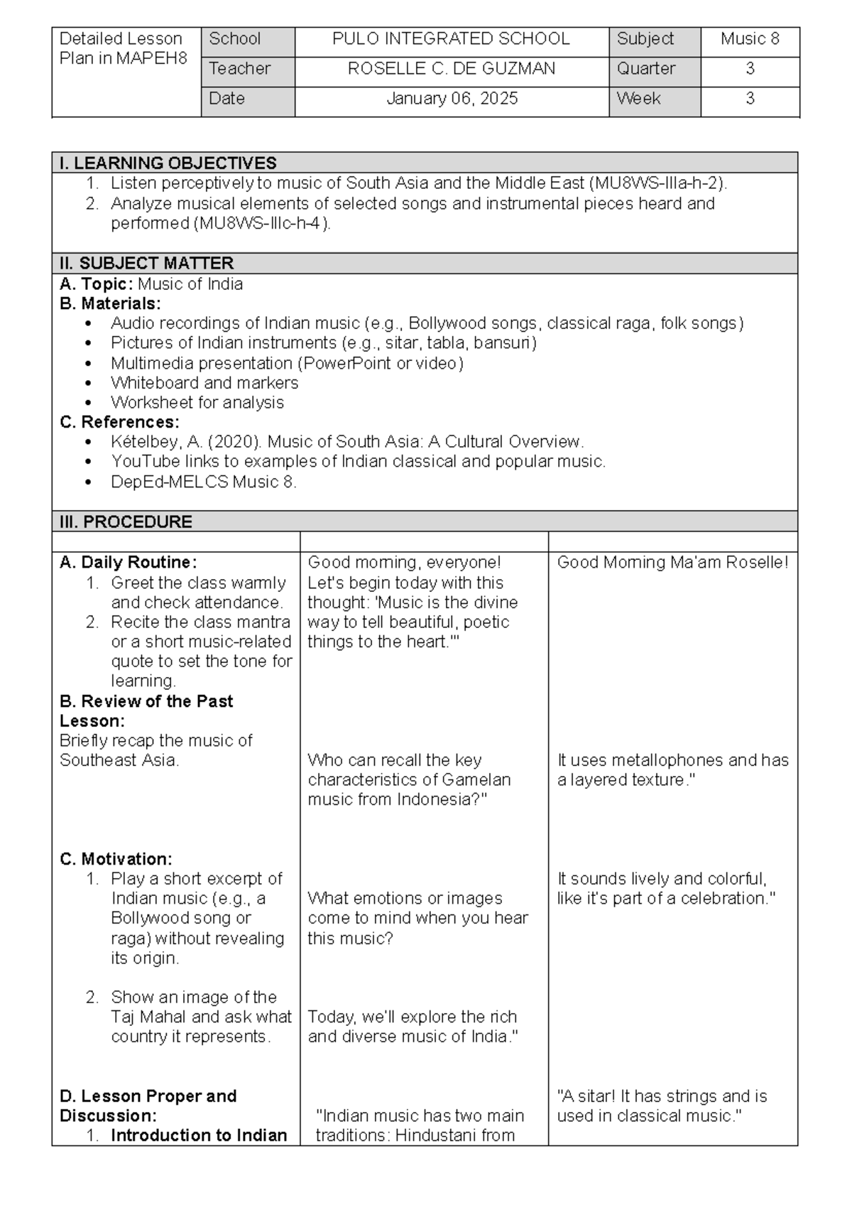 DLP Q3 W3 Mapeh 8 - Detailed Lesson Plan in MAPEH School PULO ...
