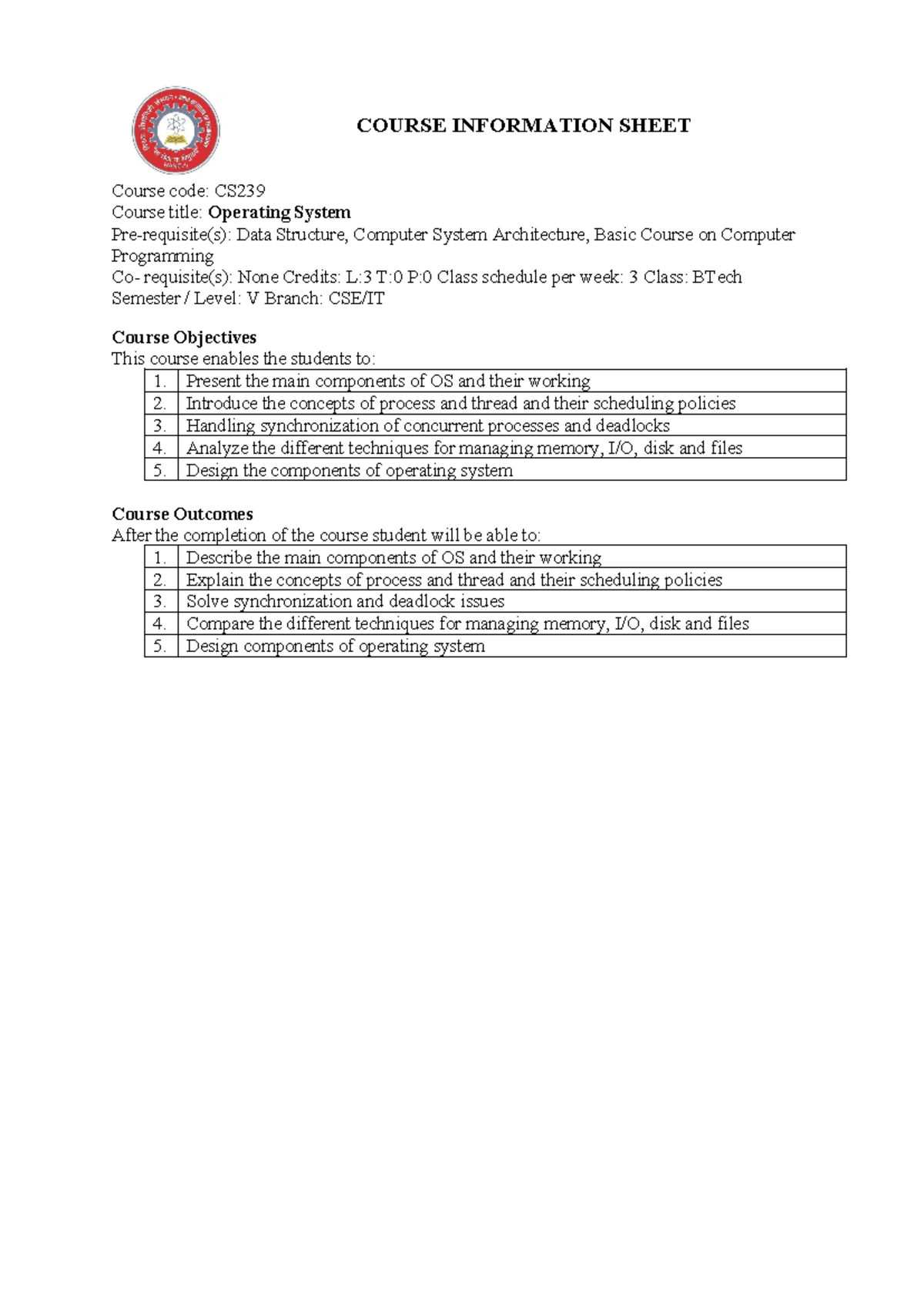CS 239 Operating Systems Syllabus & Course Structure (Revised 2022 ...