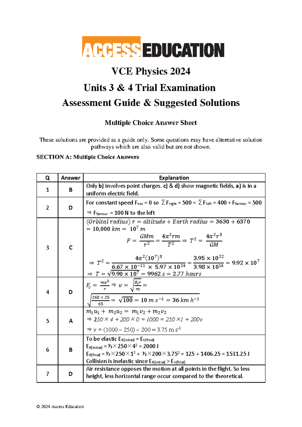 VCE Physics 2024 Units 3 & 4 Trial Exam Suggested Solutions - Studocu