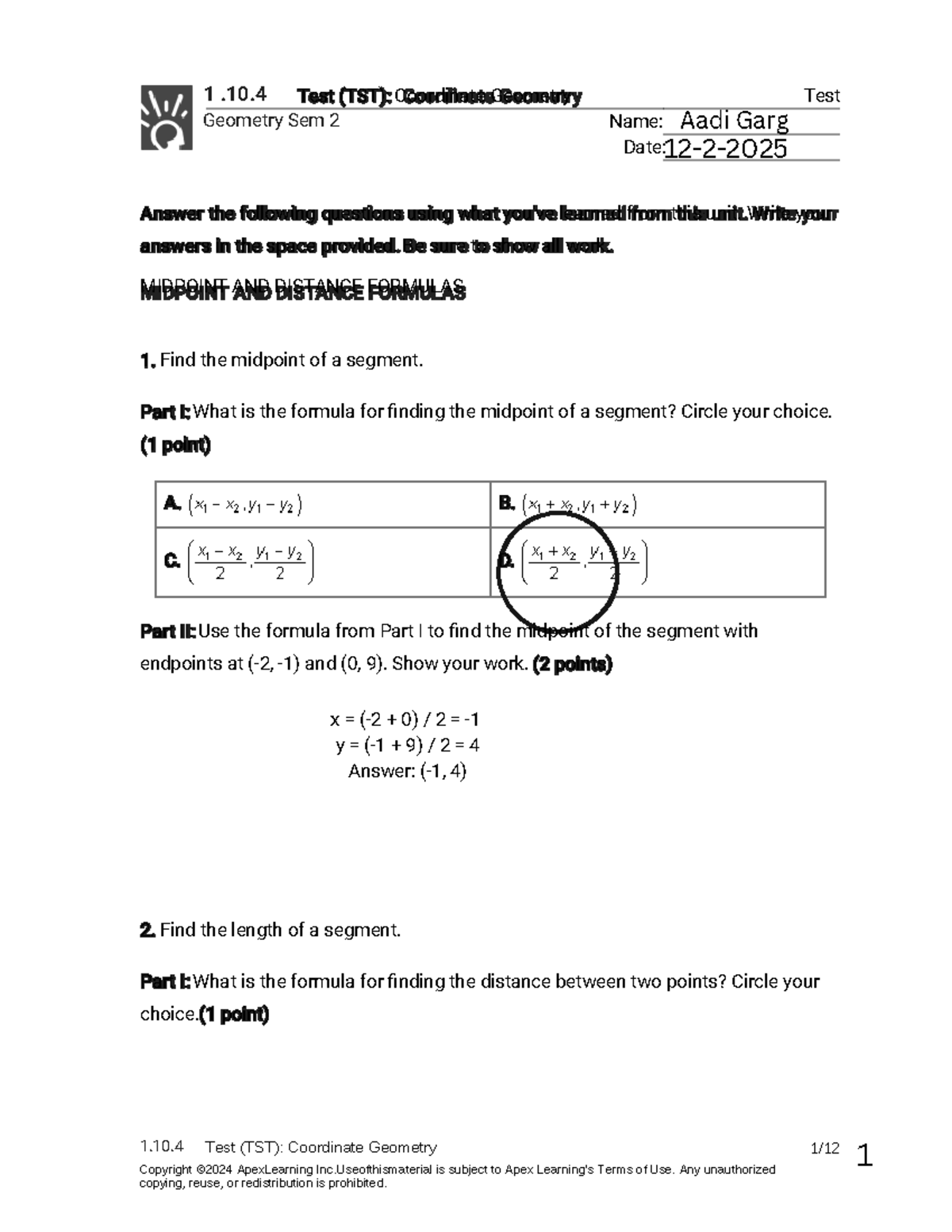 1.10.4 Test (TST): Coordinate Geometry - Midpoints, Slopes & Areas ...