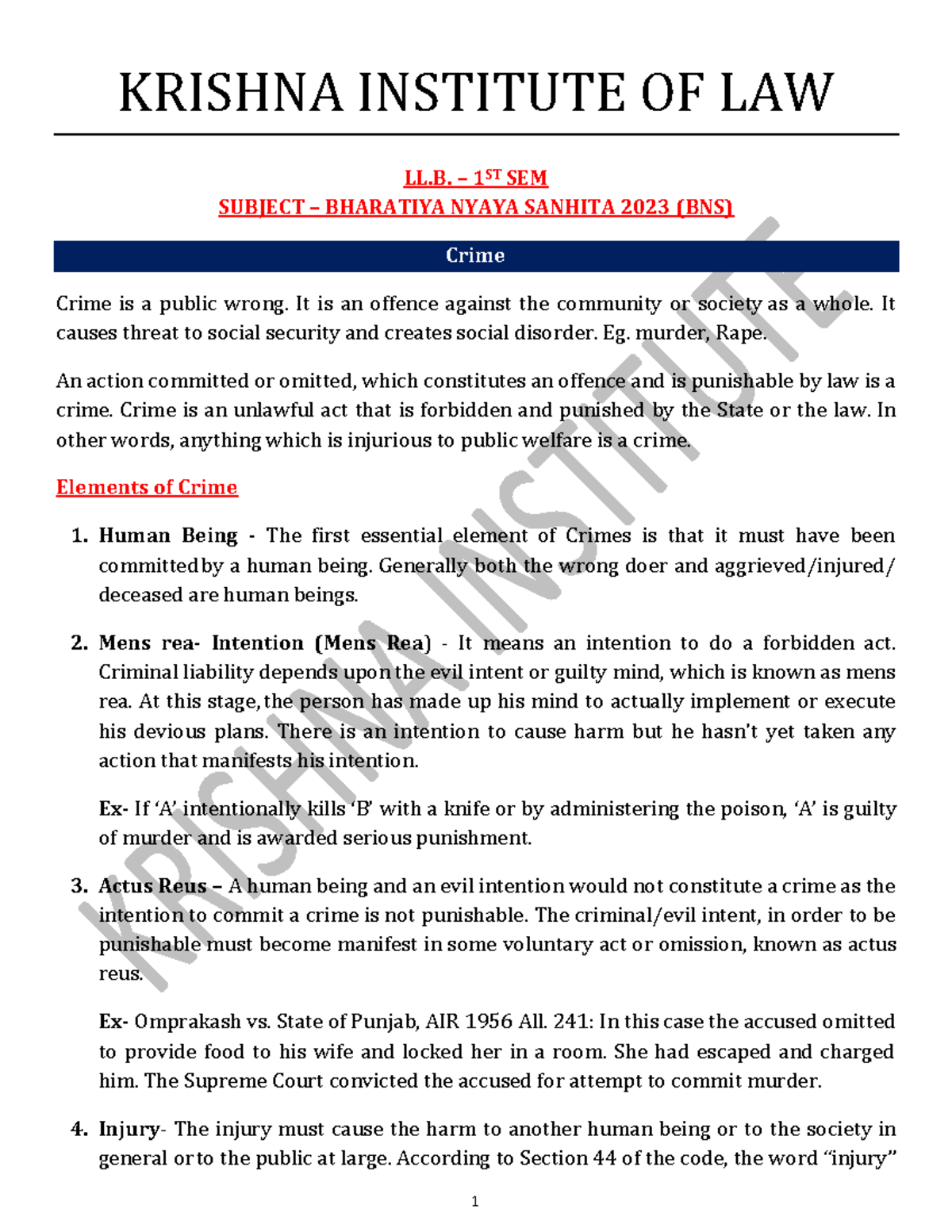 LL.B. 1ST SEM: Crime Law Notes on Bharatiya Nyaya Sanhita 2023 (BNS ...