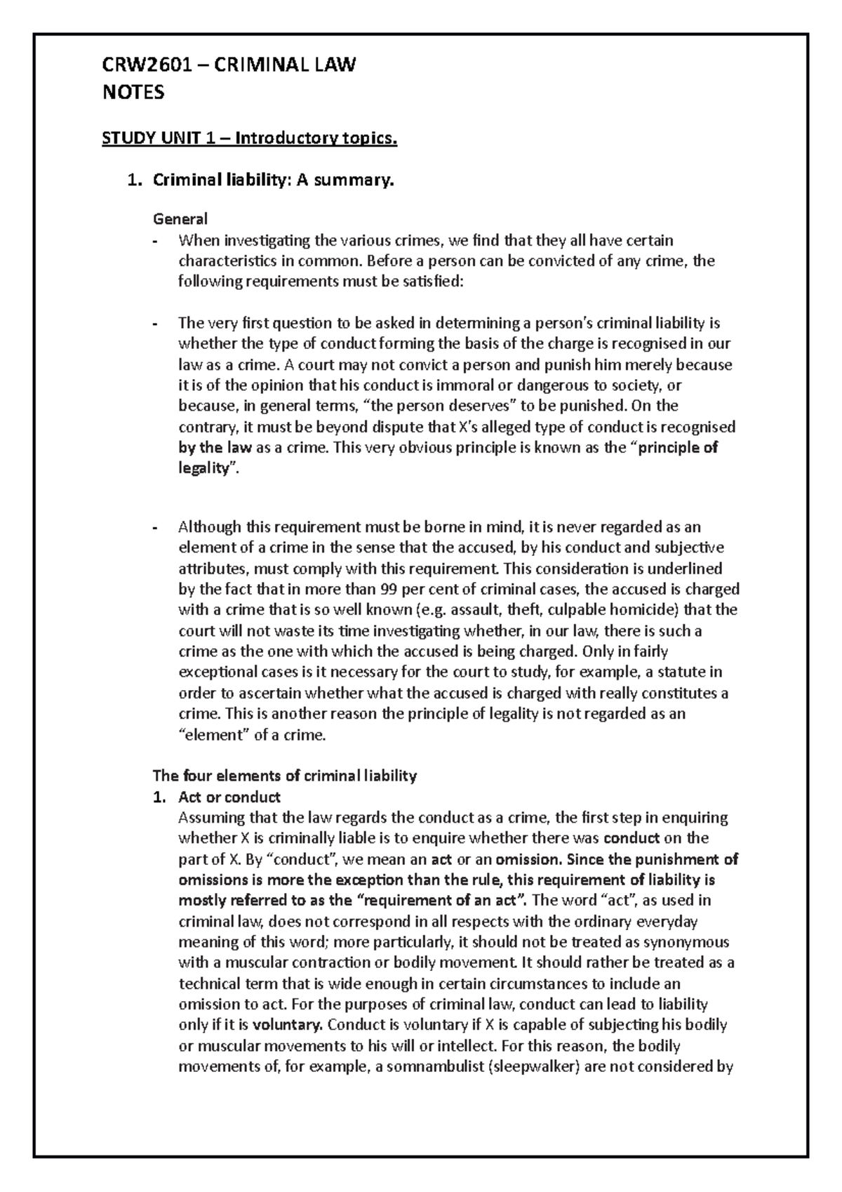 Study Unit 1 - Criminal Liability Overview (CRW2601) - Studocu
