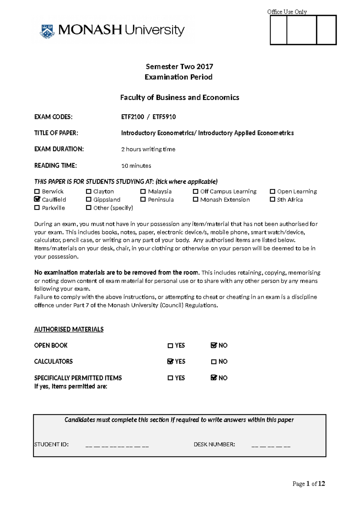 2017 sample exam - Office Use Only Semester Two 2017 Examination Period ...