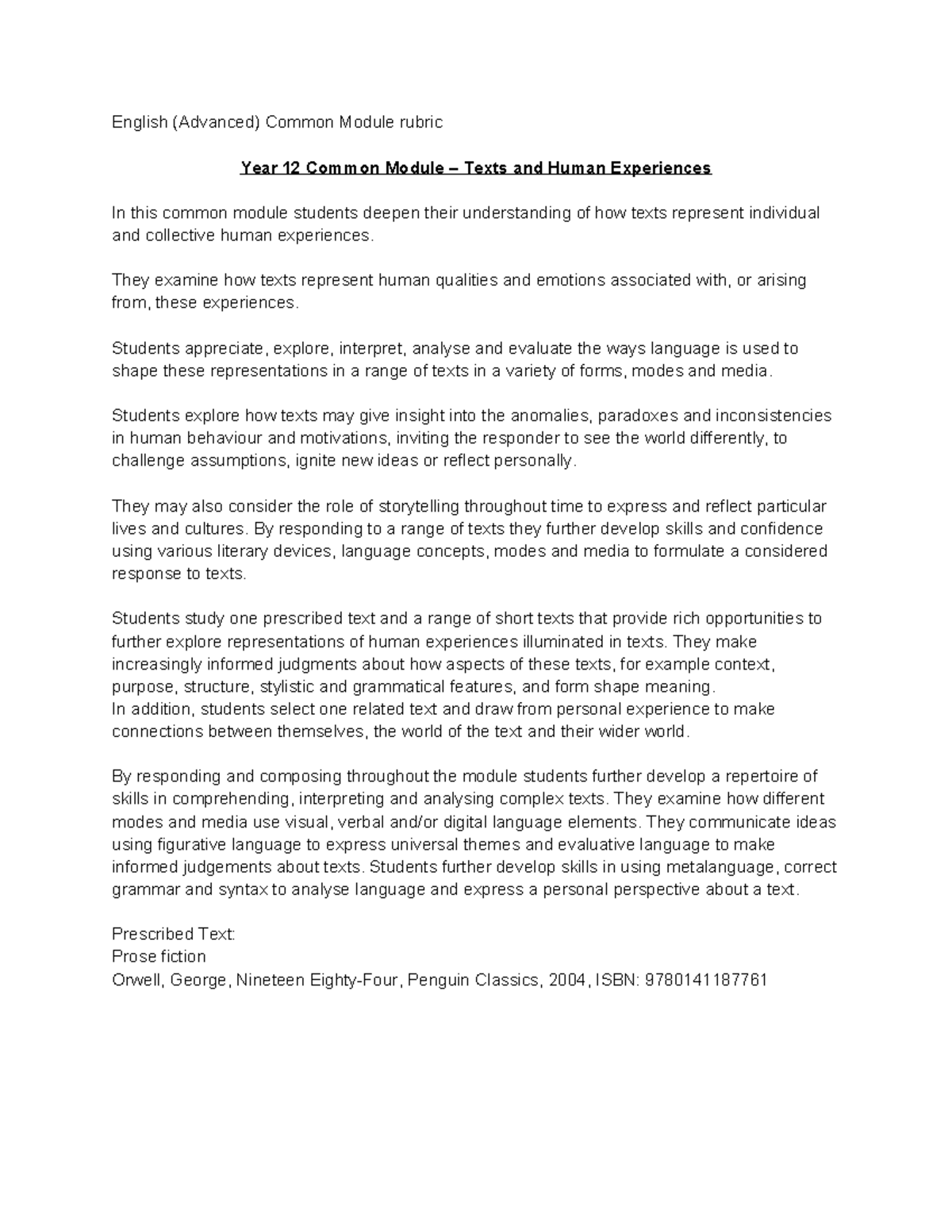 English (Adv) Year 12 Common Module: Texts & Human Experiences Rubric ...