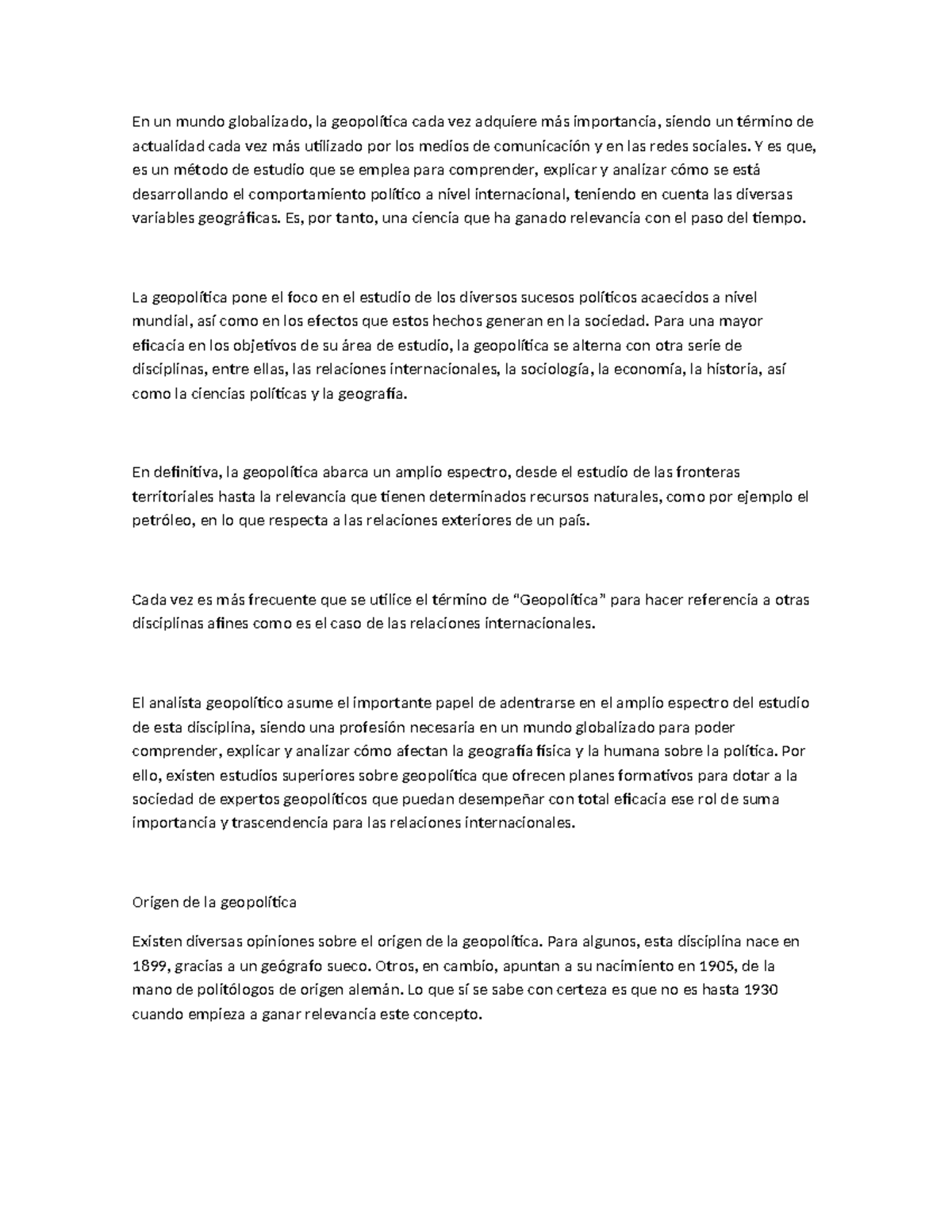 Geopolítica en un Mundo Globalizado: Análisis y Relevancia Actual - Studocu