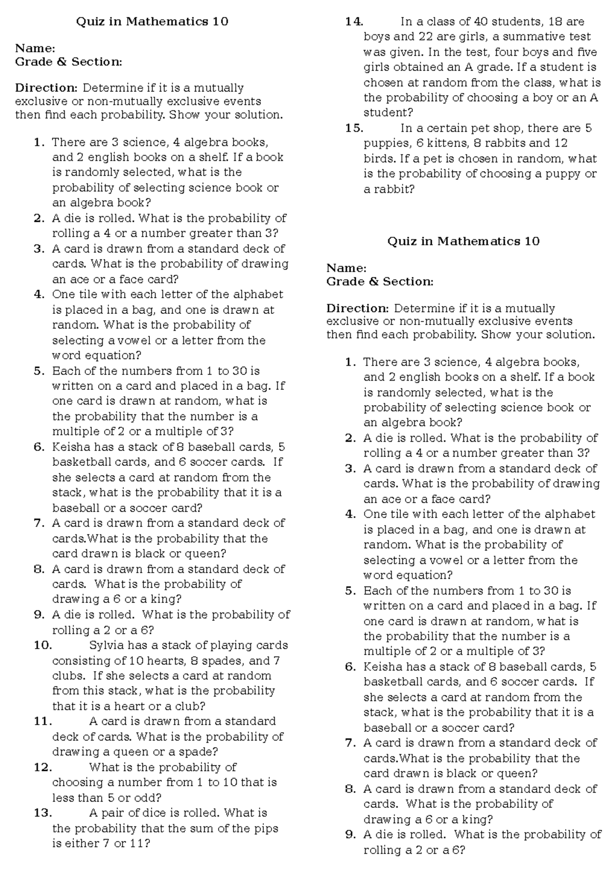 Quiz in Mathematics 10: Probability of Events - Studocu