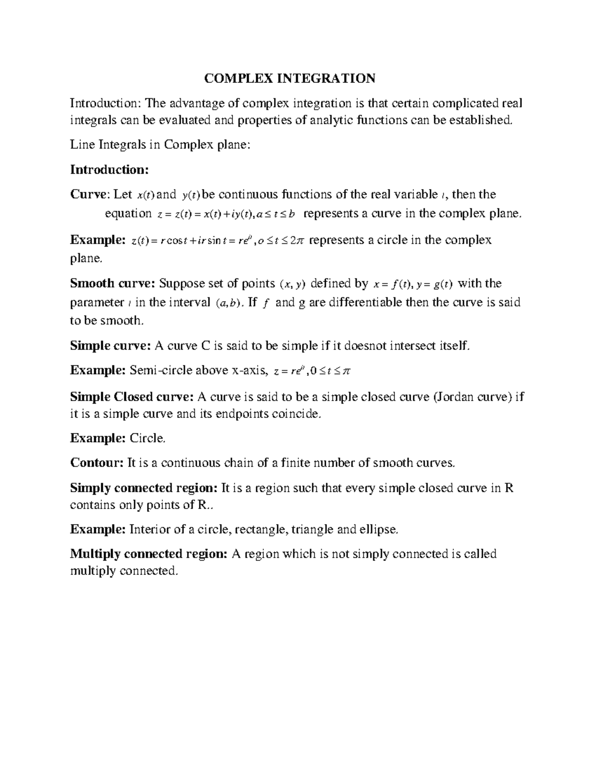 Complex Integration Notes - Detailed Study of Line Integrals and ...