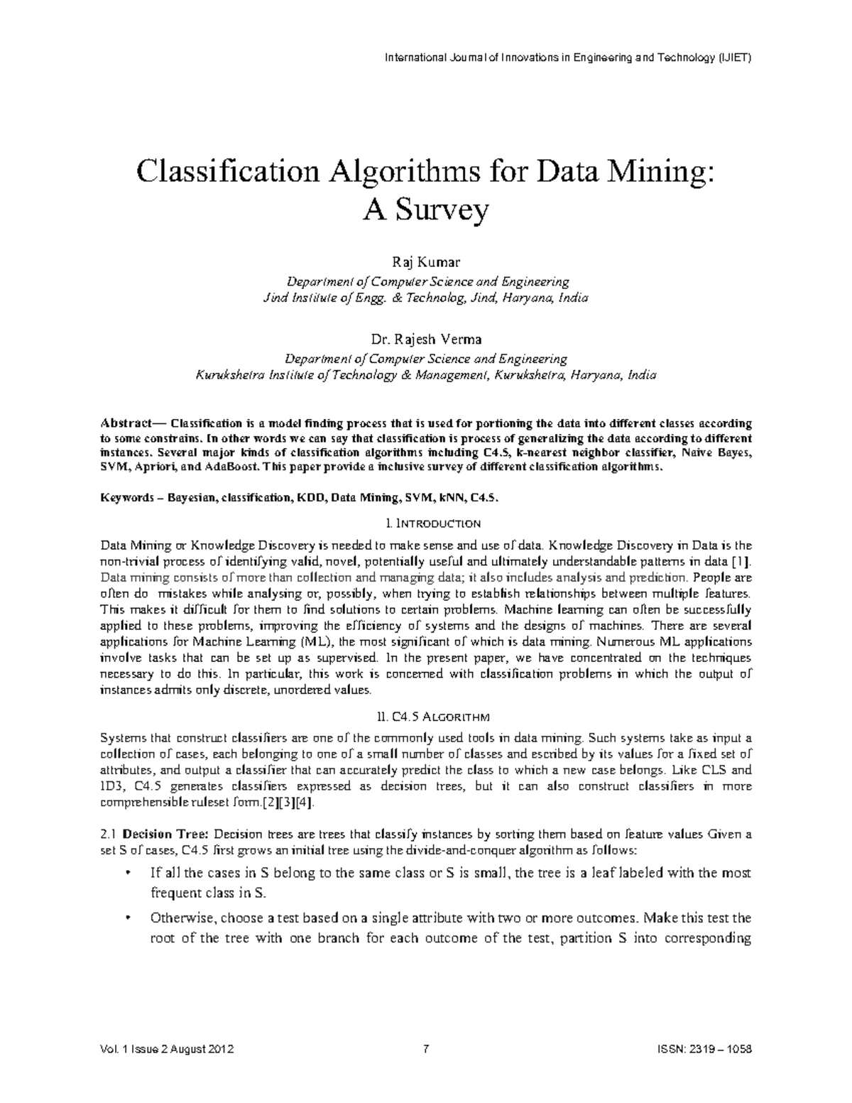 Classification Algorithms for Data Mining: A Comprehensive Survey - Studocu