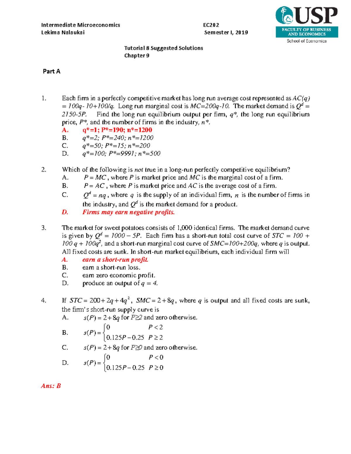 Tutorial 8 Solutions for Economics: Perfect Competition Analysis - Studocu