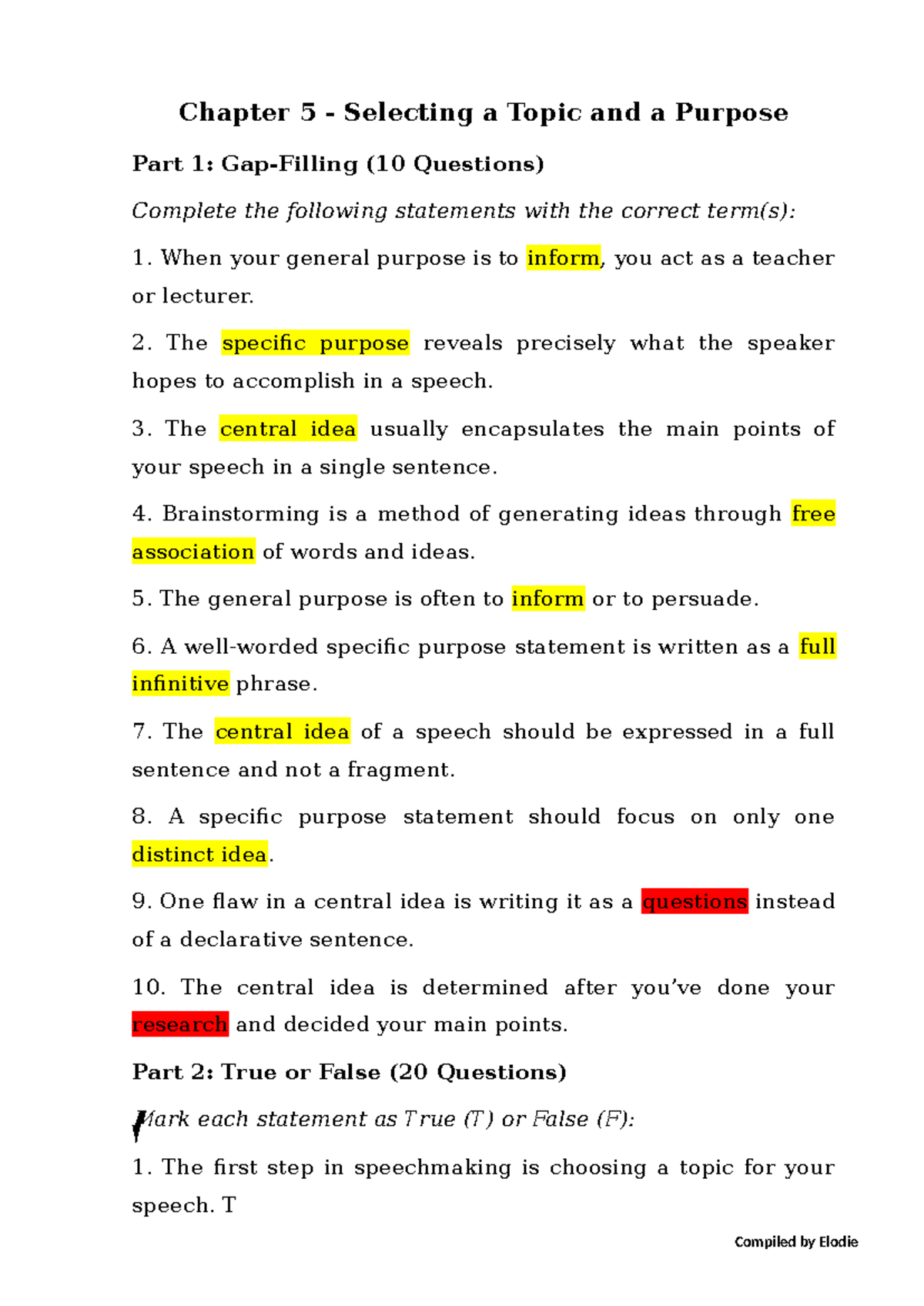 Chapter 5: Selecting a Topic and Purpose - Practice Questions & Essay -  Studocu
