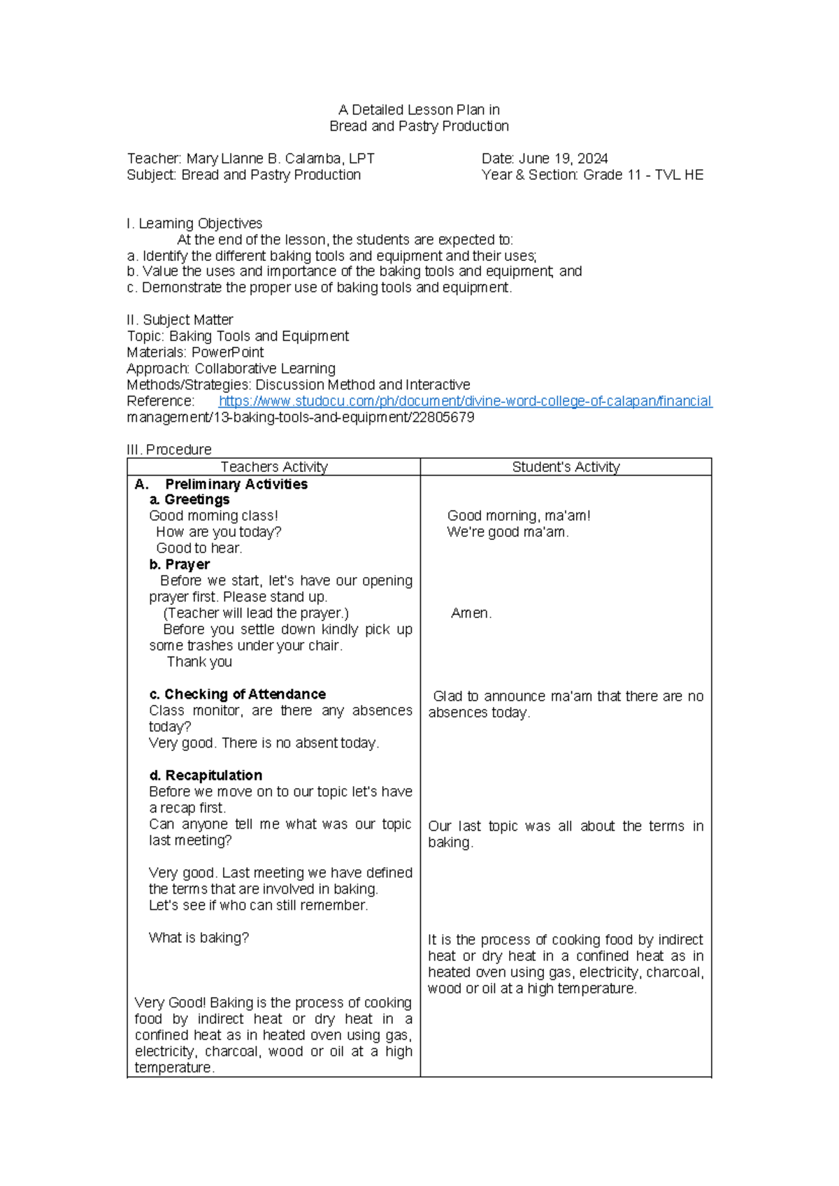 DLP - Bread and Pastry Production: Lesson Plan on Baking Tools - Studocu