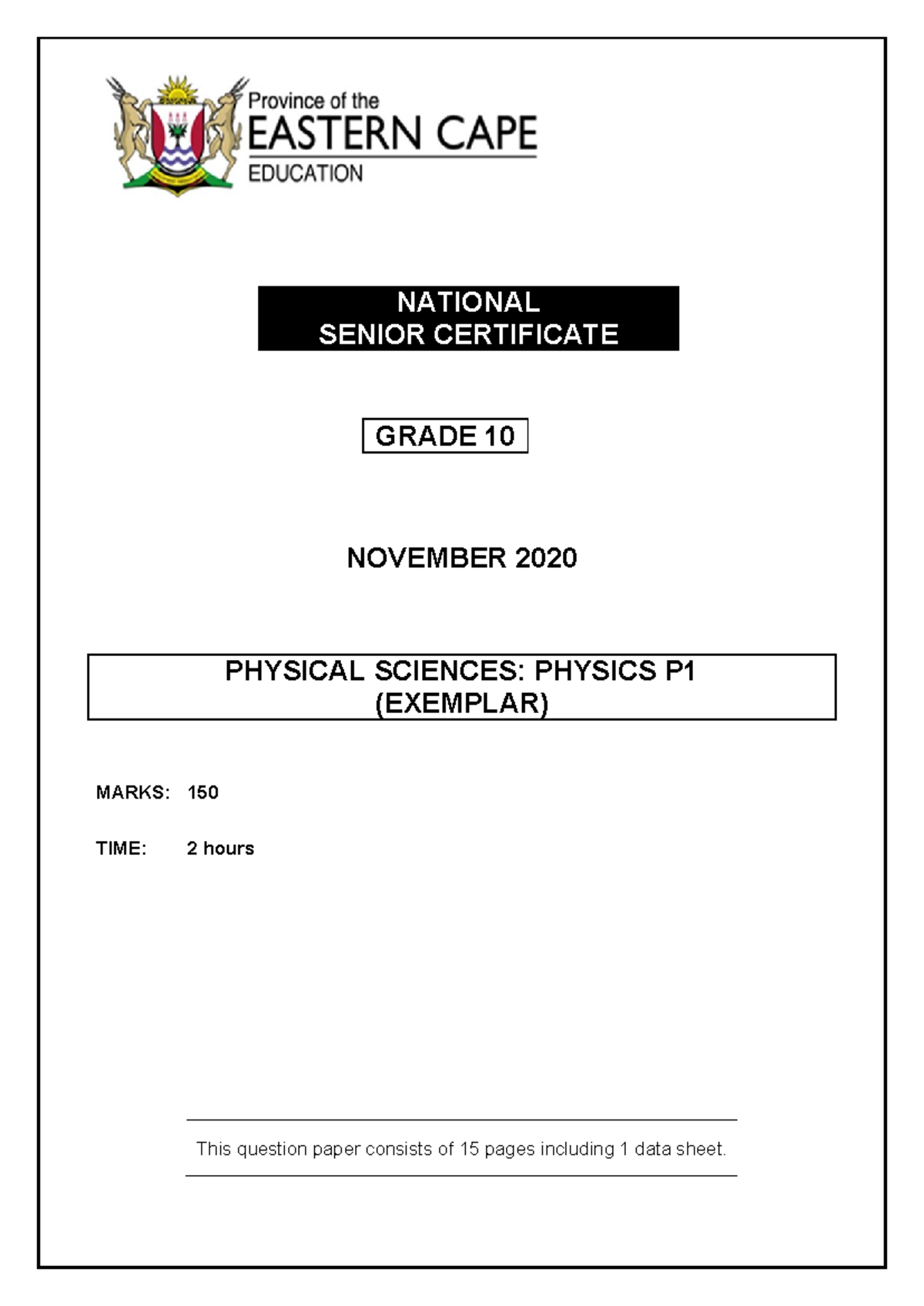 PHSC P1 Grade 10 November 2020 Physics Question Paper (QP) - Studocu