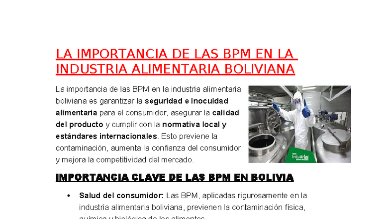 LA IMPORTANCIA DE LAS BPM EN LA INDUSTRIA ALIMENTARIA BOL - Studocu