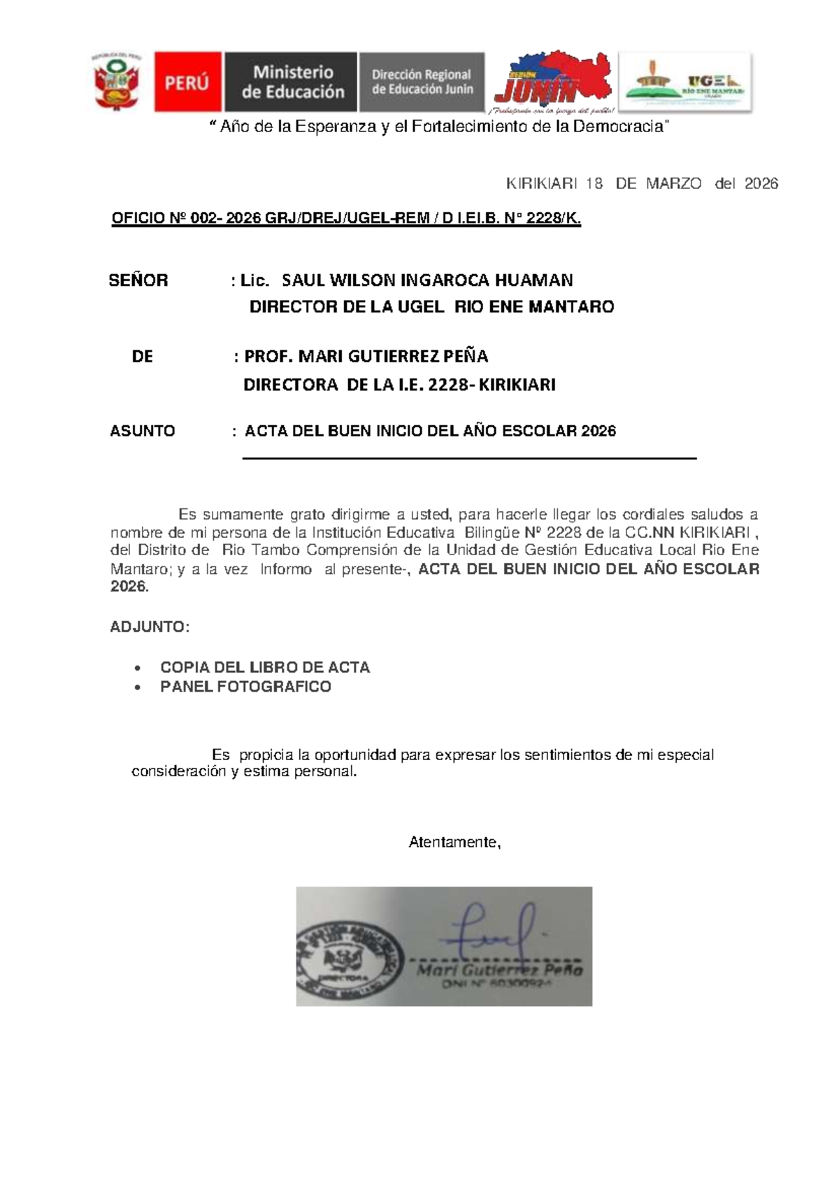 Acta del Buen Inicio del Año Escolar 2026 - I.E. KIRIKIARI - Studocu