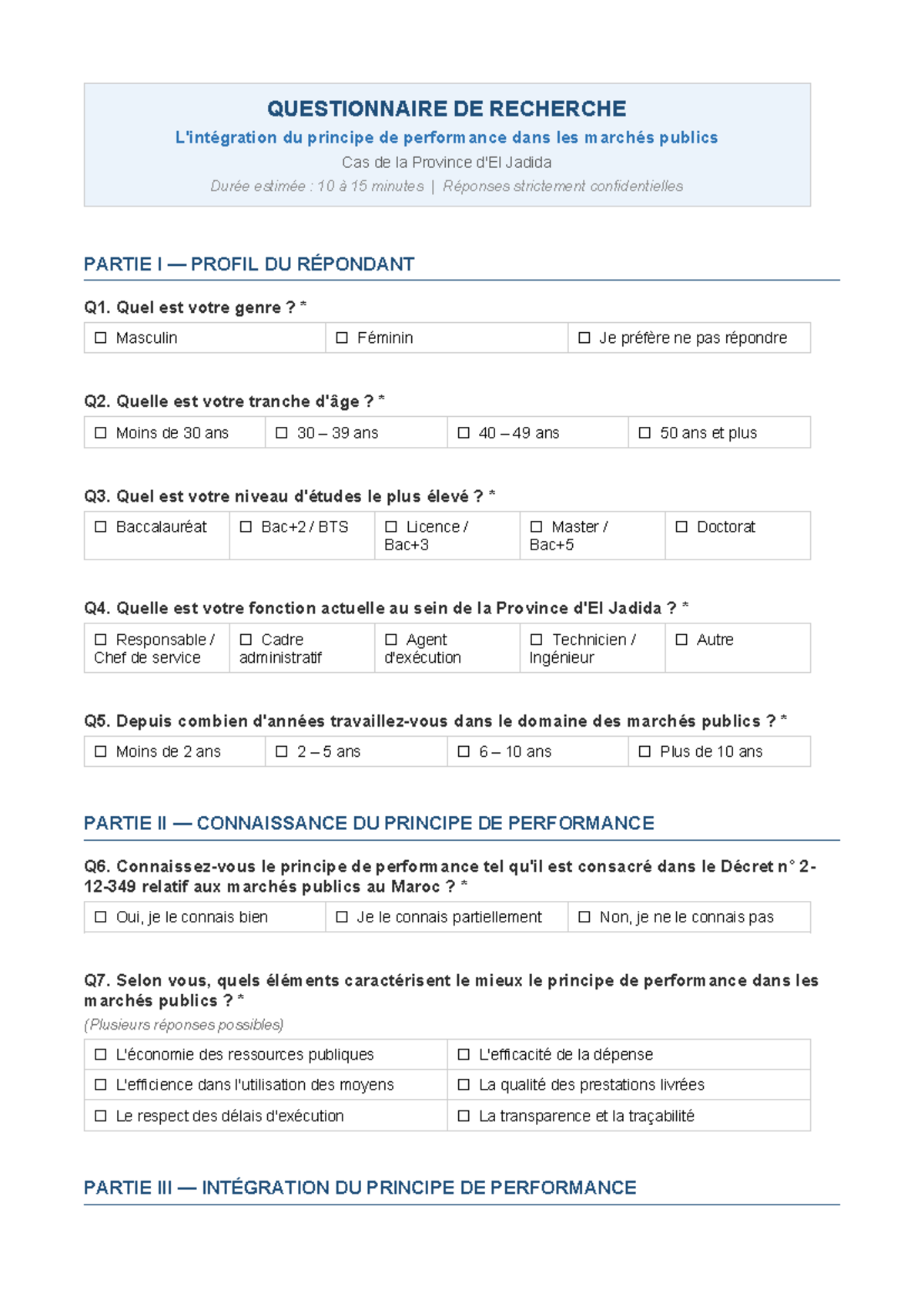 Questionnaire de Recherche sur le Principe de Performance dans les ...